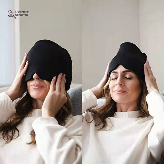 Frau mit schwarzer Schlafmaske, Entspannung, Stressabbau, bequem, Schlafhilfe, Wellness.