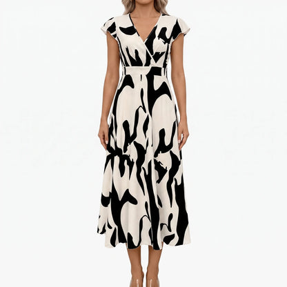 Kurzärmliges Sommerkleid Midi Mit V-Ausschnitt - Janet