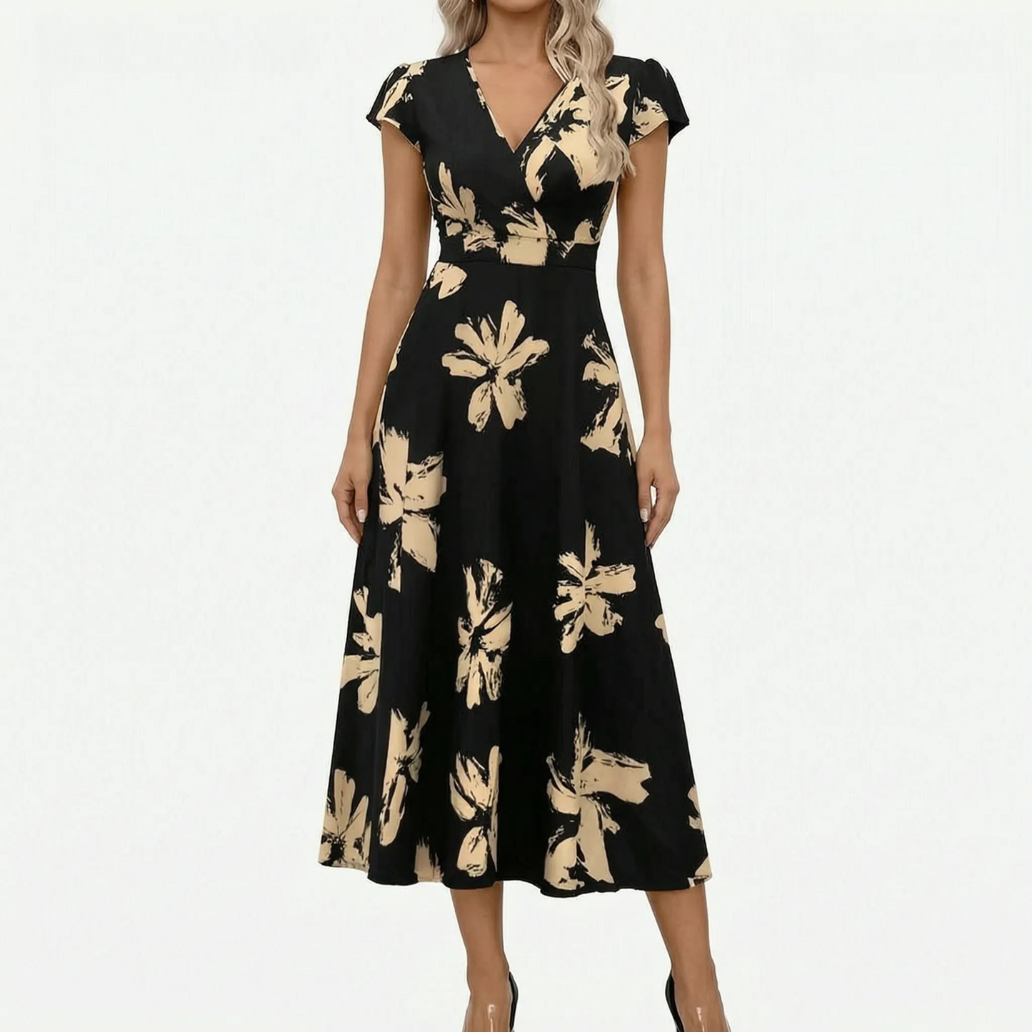 Kurzärmliges Sommerkleid Midi Mit V-Ausschnitt - Janet