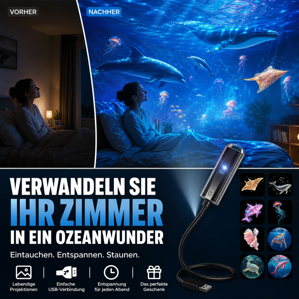 Vorher-Nachher-Vergleich: Frau im Bett, Zimmer mit Ozean-Projektion aus Walen, Quallen und Delfinen, daneben Projektor mit 1