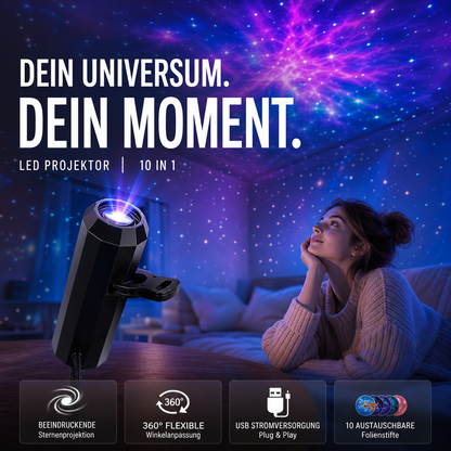 Schwarzer Projektor mit Klemme auf dem Tisch wirft Sternenhimmel an die Decke, Frau schaut zu 2