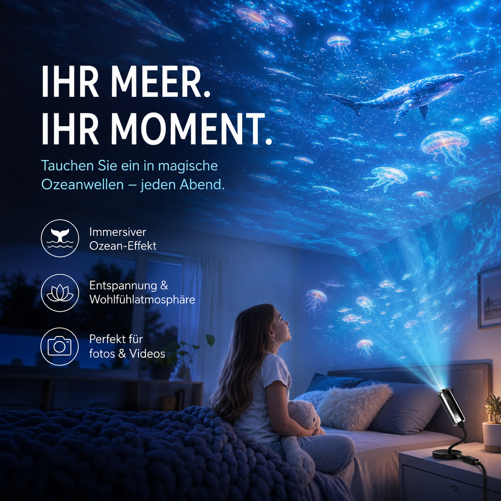 Mädchen sitzt mit Kuscheltier im Bett und betrachtet die Ozean-Projektion mit Walen und Quallen an der Decke 3