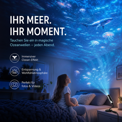 Mädchen im Bett blickt auf Meeresprojektion mit Quallen und Wal an der Decke, Projektor auf dem Nachttisch 3