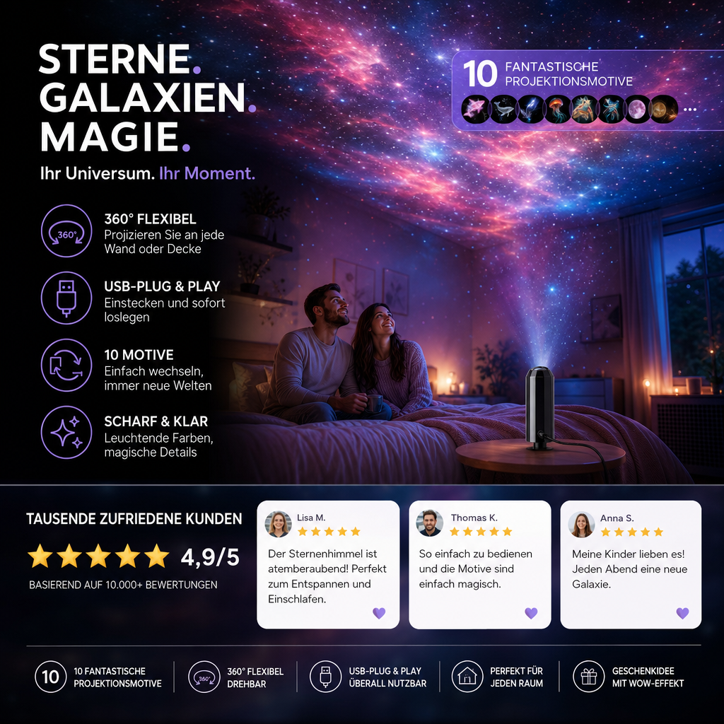 Paar sitzt im Bett und schaut auf die bunte Galaxie-Projektion, darunter Kundenbewertungen und Symbole der Produktvorteile 6