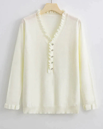 Weiße Damenbluse mit V-Ausschnitt, Rüschen und Knöpfen, elegant und stilvoll.