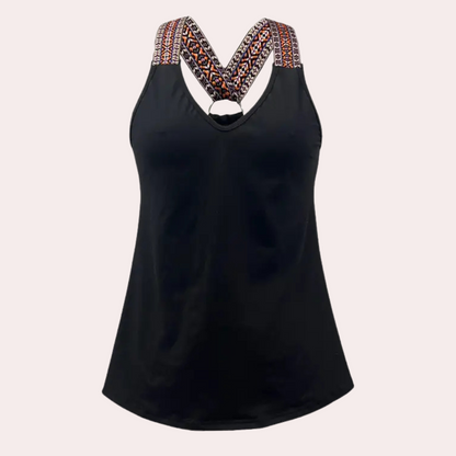 Schwarzes Damen-Top mit gemusterten Trägern, ärmellos, V-Ausschnitt, Sommermode.