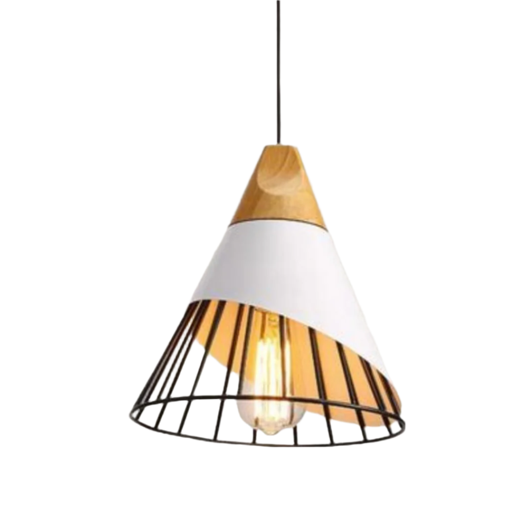 Moderne Hängelampe aus Holz und Metall, schwarz-weiß, mit Glühbirne, skandinavisches Design.
