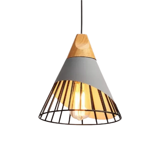 Moderne Hängelampe aus Holz und Metall, konisches Design, E27-Fassung, schwarz-grau.