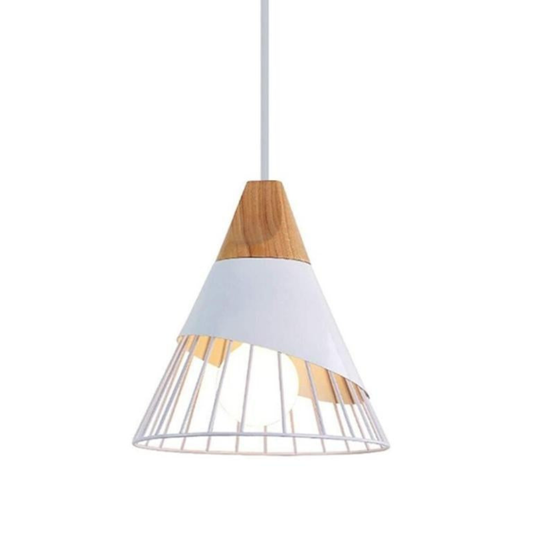 Moderne Hängelampe aus Holz und Metall, weiß, skandinavisches Design, Innenbeleuchtung.