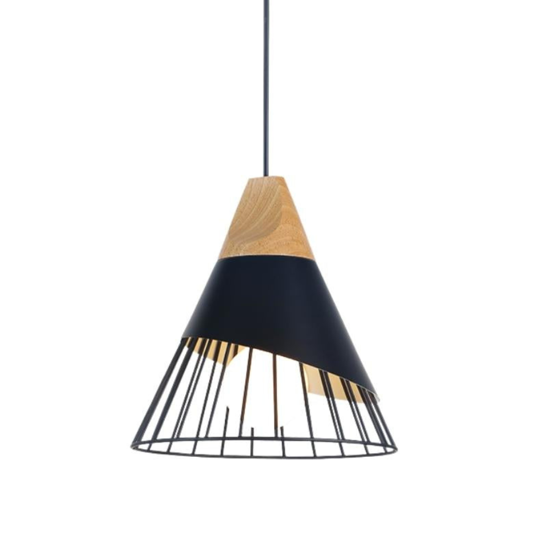 Schwarze und holzfarbene Pendelleuchte, Metall und Holz, modernes Design, Innenbeleuchtung.