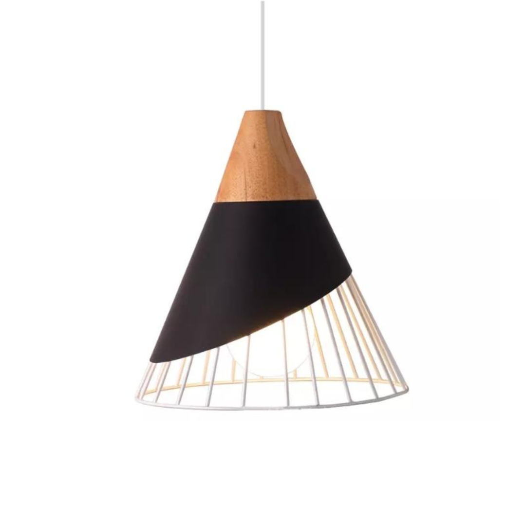 Moderne Hängelampe aus Holz und Metall, schwarz-weiß, skandinavisches Design, Innenbeleuchtung.