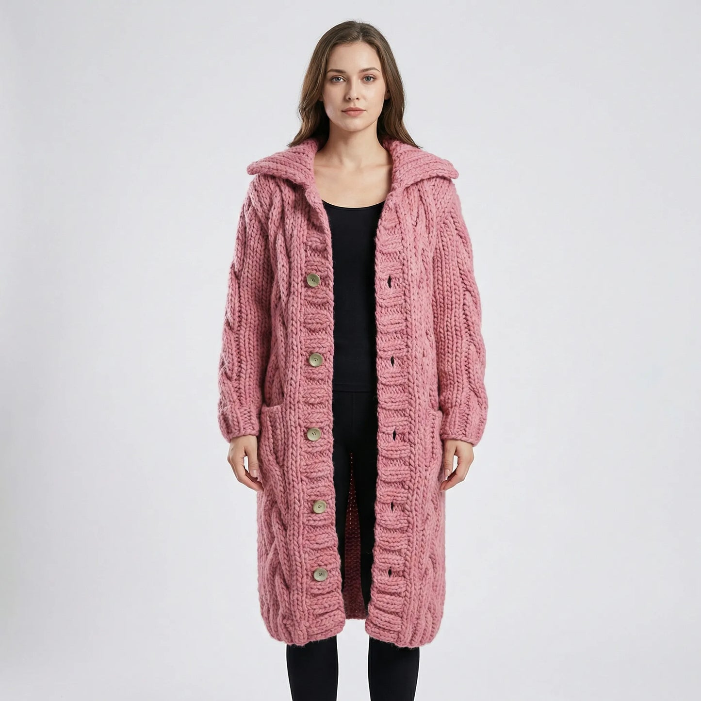 Lang Grof Gebreid Vest Met Kabelpatroon - Cathy