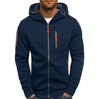 Dunkelblaue Herren-Kapuzenjacke mit Reißverschluss, Streetwear, Freizeitmode.