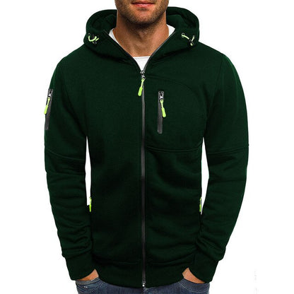 Grüne Herren-Kapuzenjacke mit Reißverschluss, Streetwear, Freizeitmode, Baumwolle.