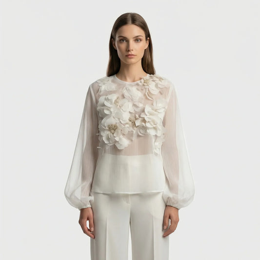 Lichte Blouse Met Driedimensionale Bloemapplicaties - Patricia