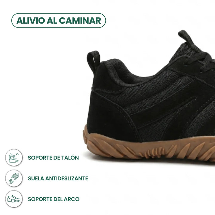 Schwarze Barfußschuhe in der Fersenansicht mit Mesh, Wildlederbesatz und heller Gummisohle, daneben Symbole zu Fersenhalt, rutschfester Sohle und Fußgewölbe. 22