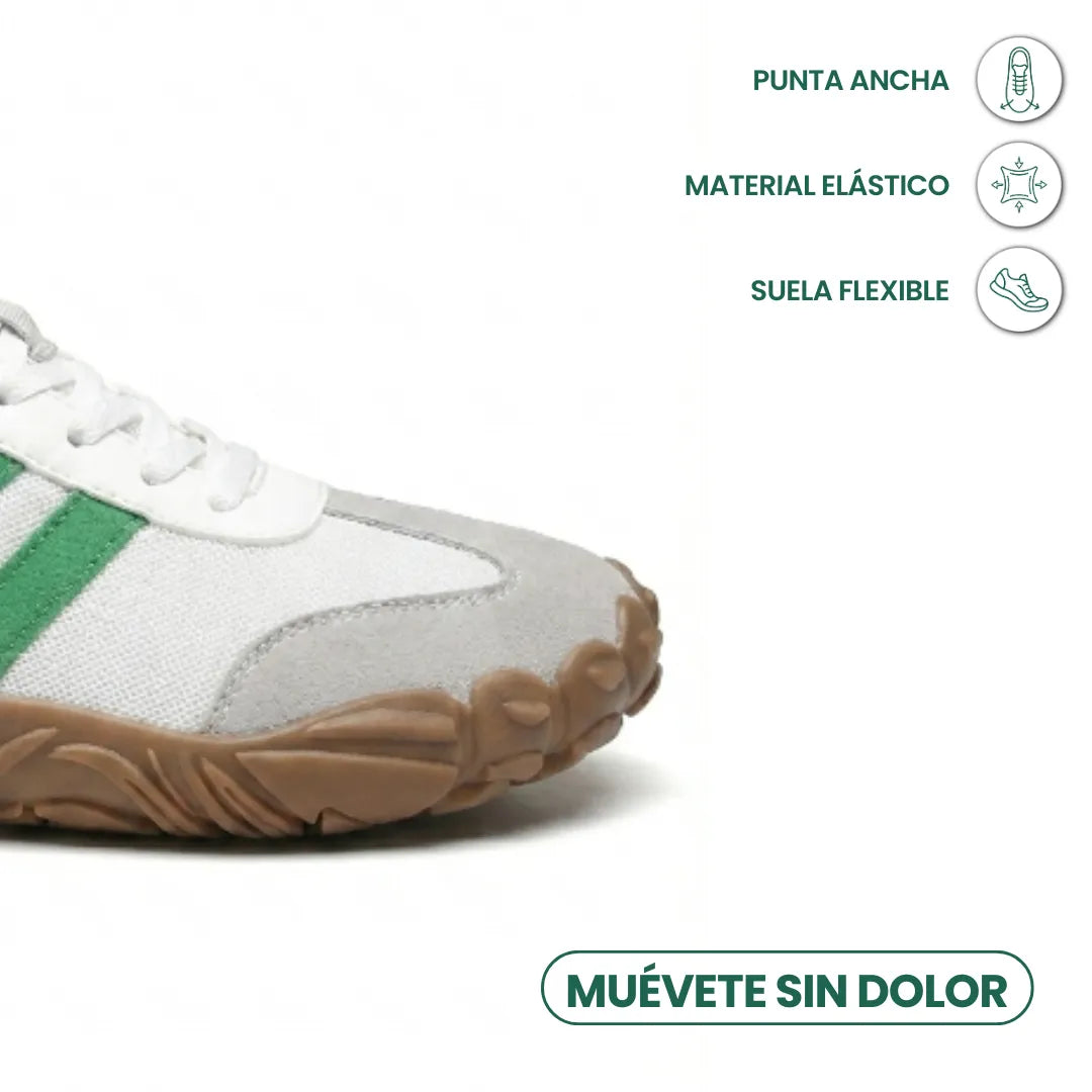 Weiß-grüner Barfußschuh im Detail der breiten Zehenbox mit flexibler Sohle, daneben Symbole zu breiter Spitze, elastischem Material und flexibler Sohle. 32