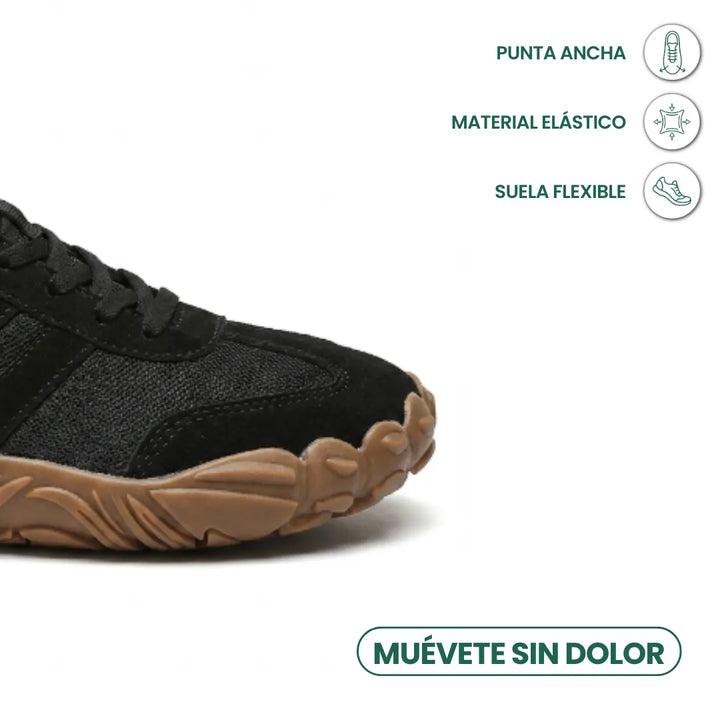 Schwarzer Barfußschuh im Detail der breiten Zehenbox mit flexibler heller Gummisohle, daneben Symbole zu breiter Spitze, elastischem Material und flexibler Sohl 23
