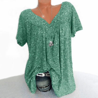 Grünes Damen V-Ausschnitt T-Shirt, kurzarm, lässig, Baumwolle, Sommermode.