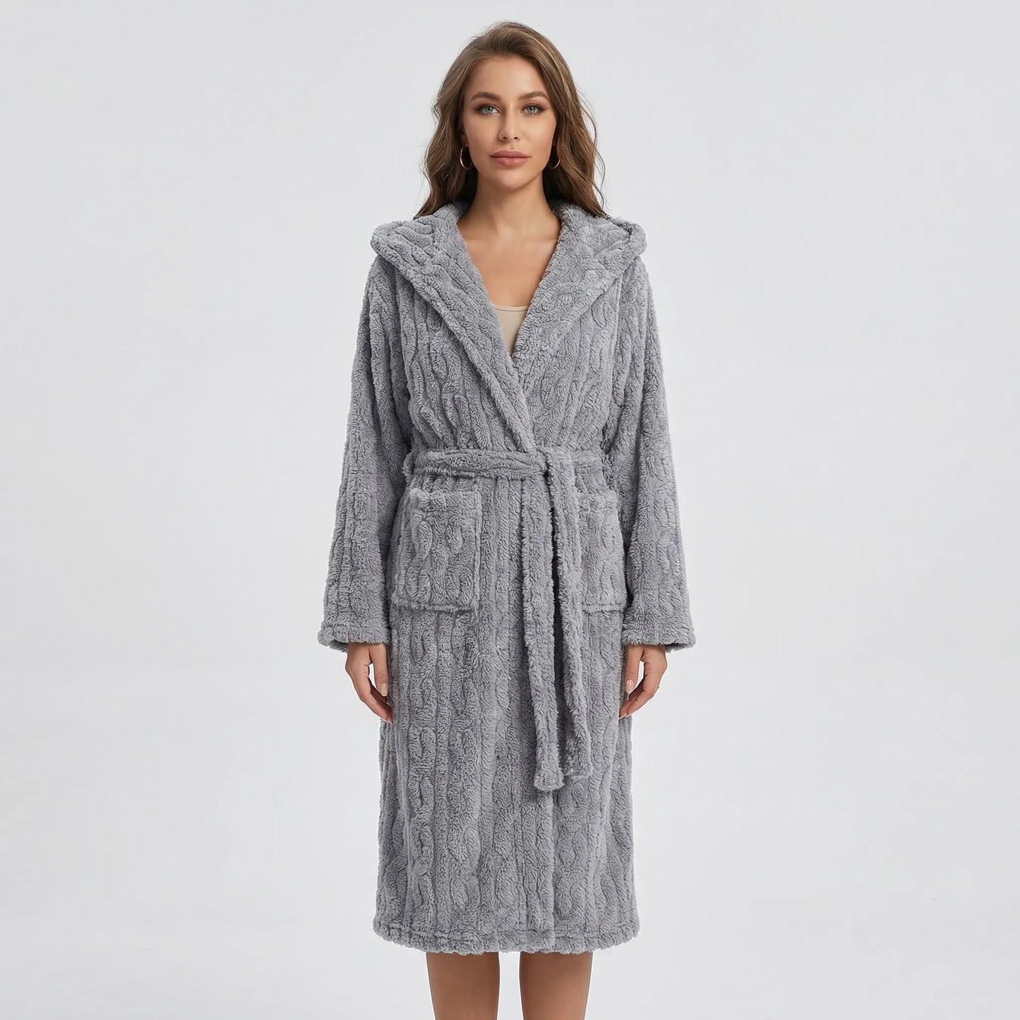 Long Hooded Dressing Gown With Belt - Brittany