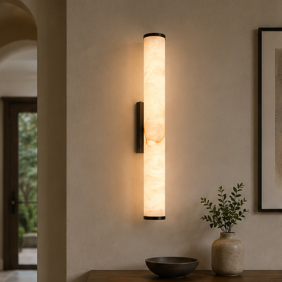 Wandlampe mit schwarzen Kappen an beiger Wand über einer Konsole mit Schale und Vase, daneben gerahmtes Bild und Türöffnung. 11