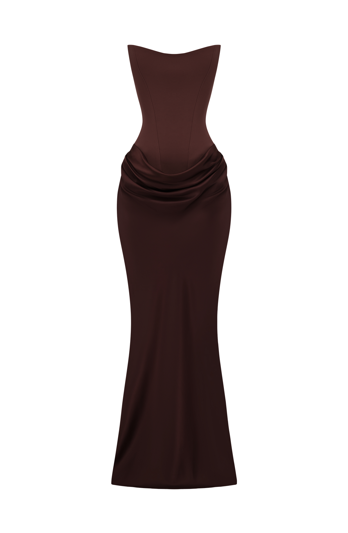 Braunes Korsettkleid ohne Model freigestellt auf weißem Hintergrund, Korsett und drapierter Rockansatz sichtbar 10