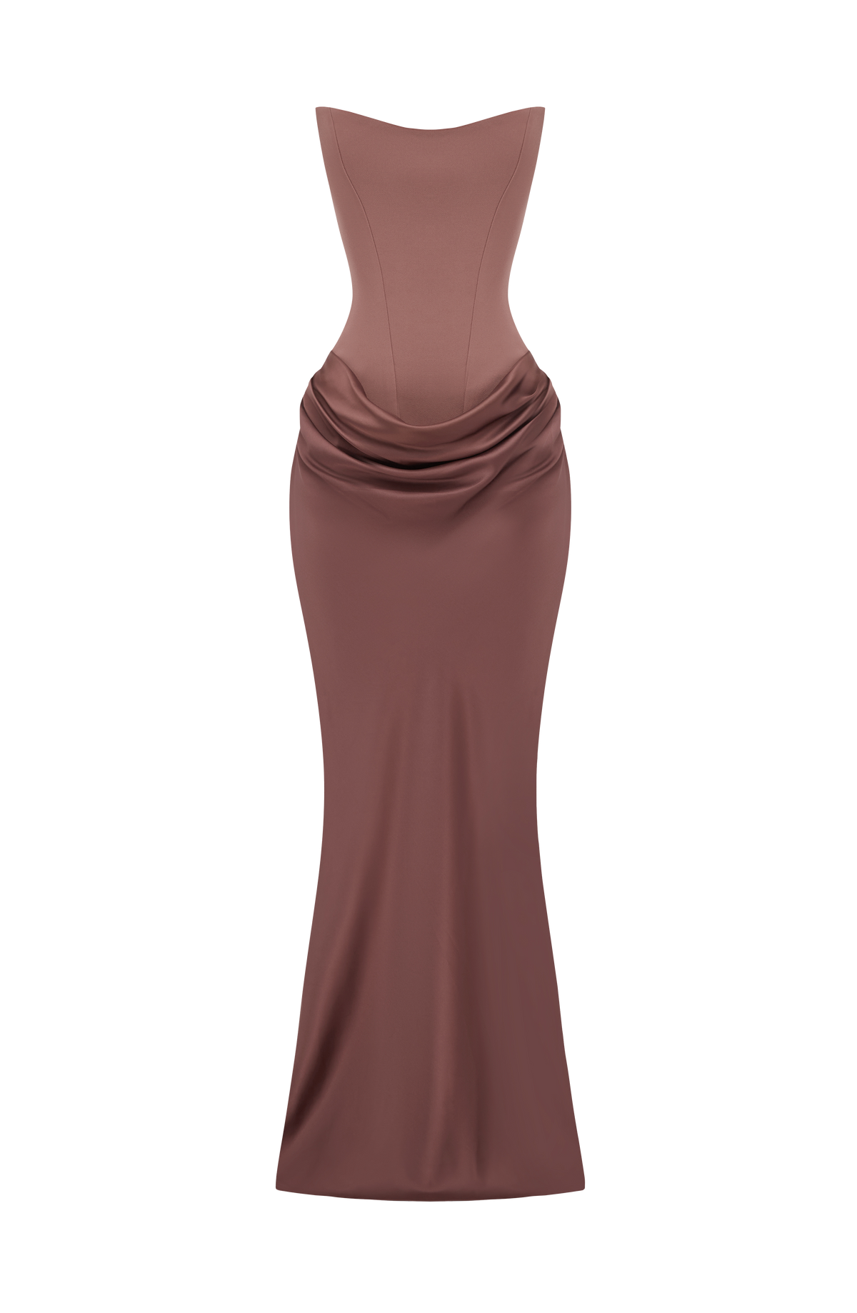 Braunes trägerloses Maxikleid mit Korsett-Oberteil und drapiertem Satinrock, ohne Model freigestellt von vorn 41