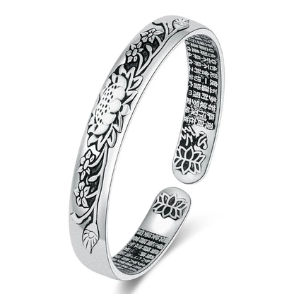 Silberner Armreif mit Lotusblumen-Design, graviert, verstellbar, Schmuck für Damen und Herren.