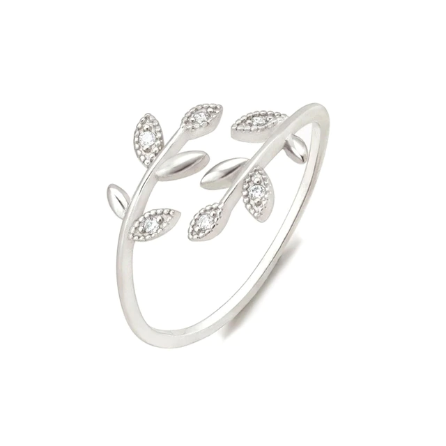 Silberner Damenring mit Blattdesign, Zirkonia-Steinen, eleganter Schmuck, Geschenkidee.