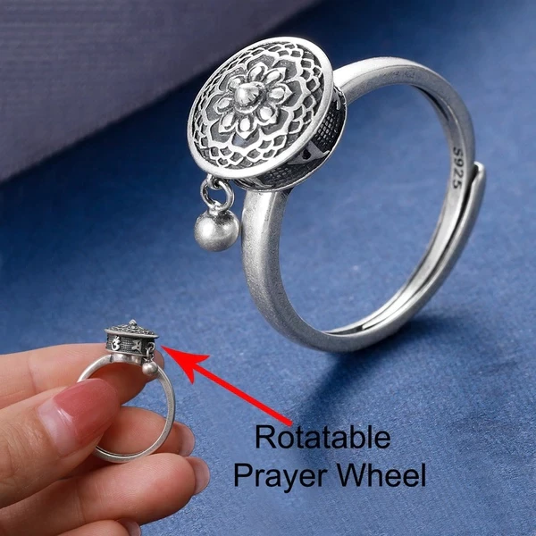 Silberner drehbarer Gebetsrad-Ring, verziert, verstellbar, spiritueller Schmuck.