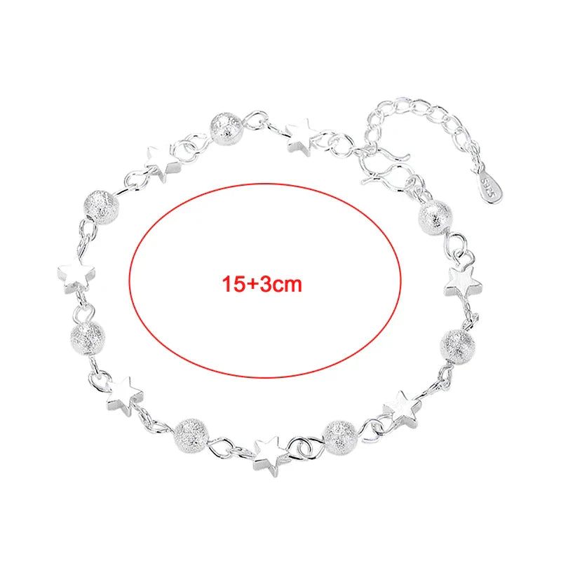 Silbernes Armband mit Stern- und Kugelanhängern, verstellbar, 15+3 cm, Damen-Schmuck.