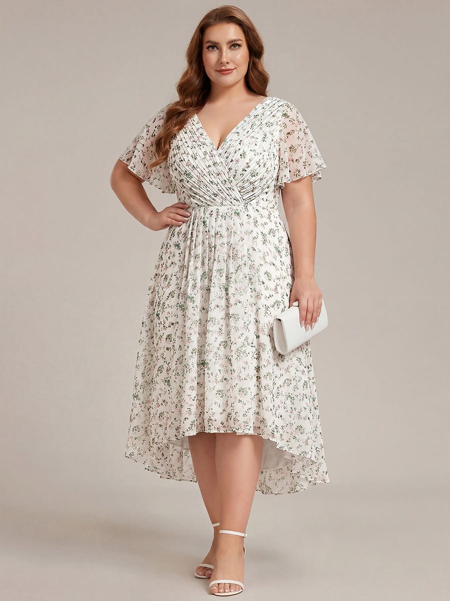 Chiffon hoch und tiefes Kleid für Hochzeitsgäste mit V-Ausschnitt und kurzen Ärmeln 171