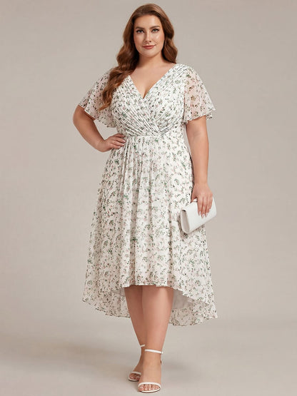 Chiffon hoch und tiefes Kleid für Hochzeitsgäste mit V-Ausschnitt und kurzen Ärmeln 171