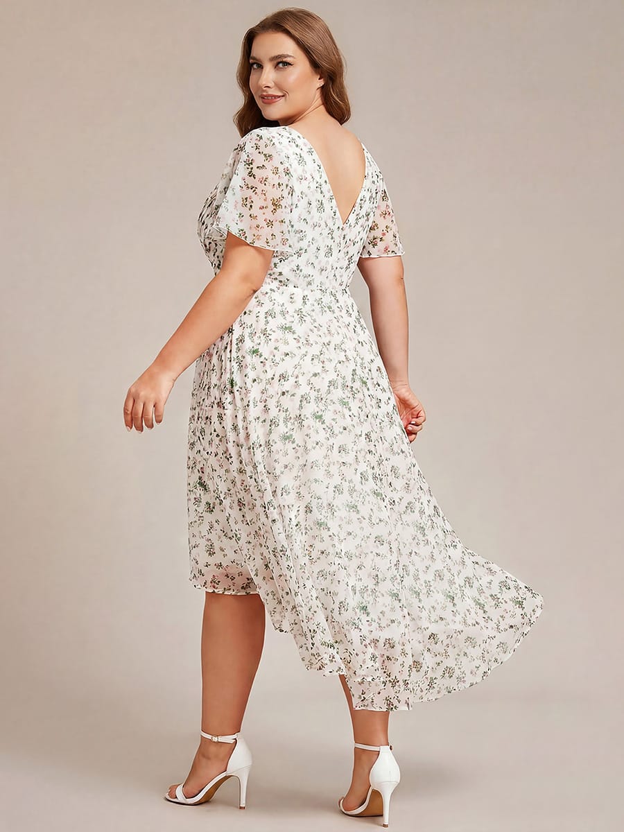 Chiffon hoch und tiefes Kleid für Hochzeitsgäste mit V-Ausschnitt und kurzen Ärmeln 172