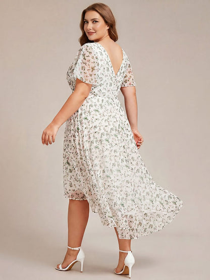 Chiffon hoch und tiefes Kleid für Hochzeitsgäste mit V-Ausschnitt und kurzen Ärmeln 172