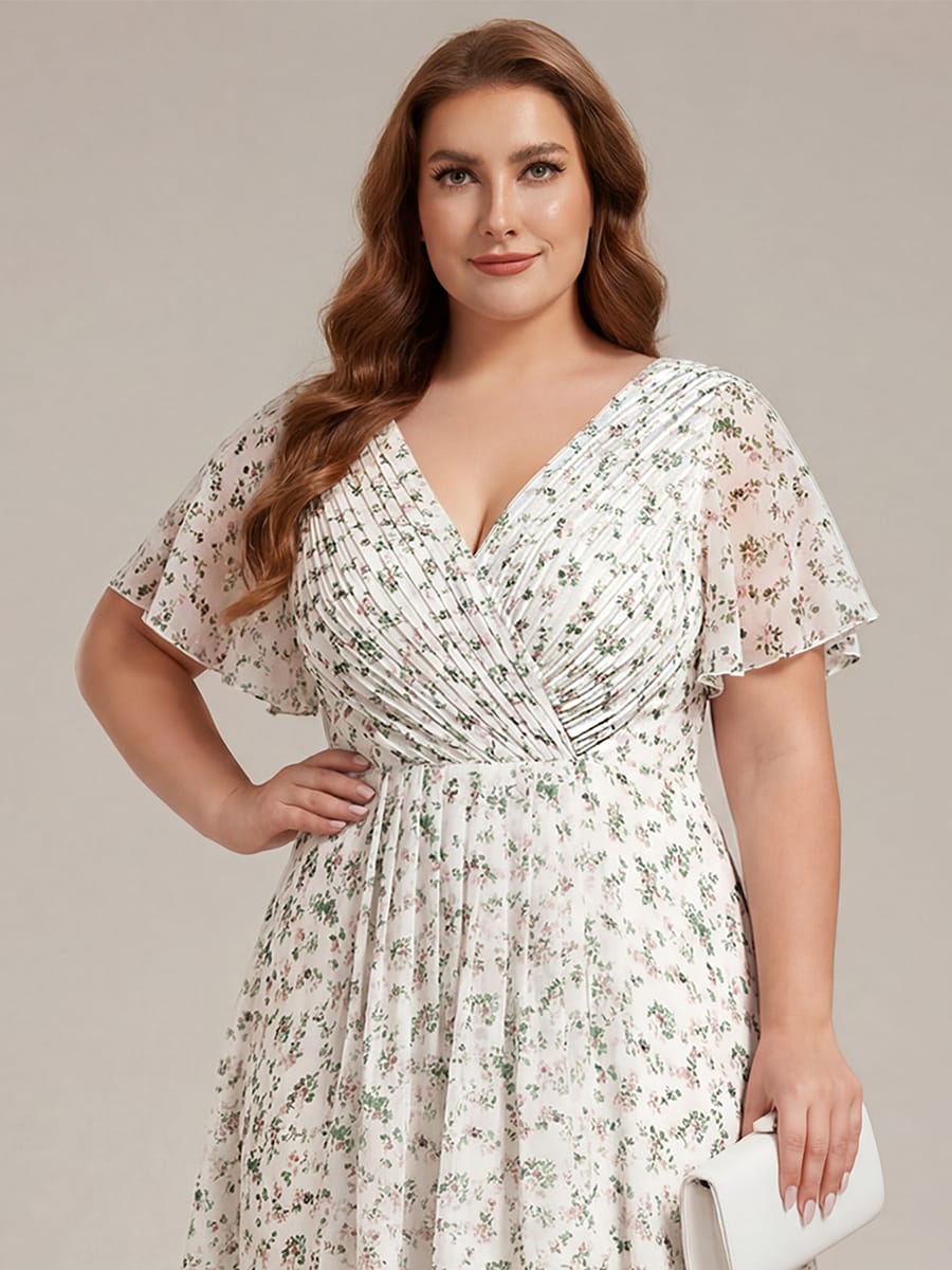 Chiffon hoch und tiefes Kleid für Hochzeitsgäste mit V-Ausschnitt und kurzen Ärmeln 173