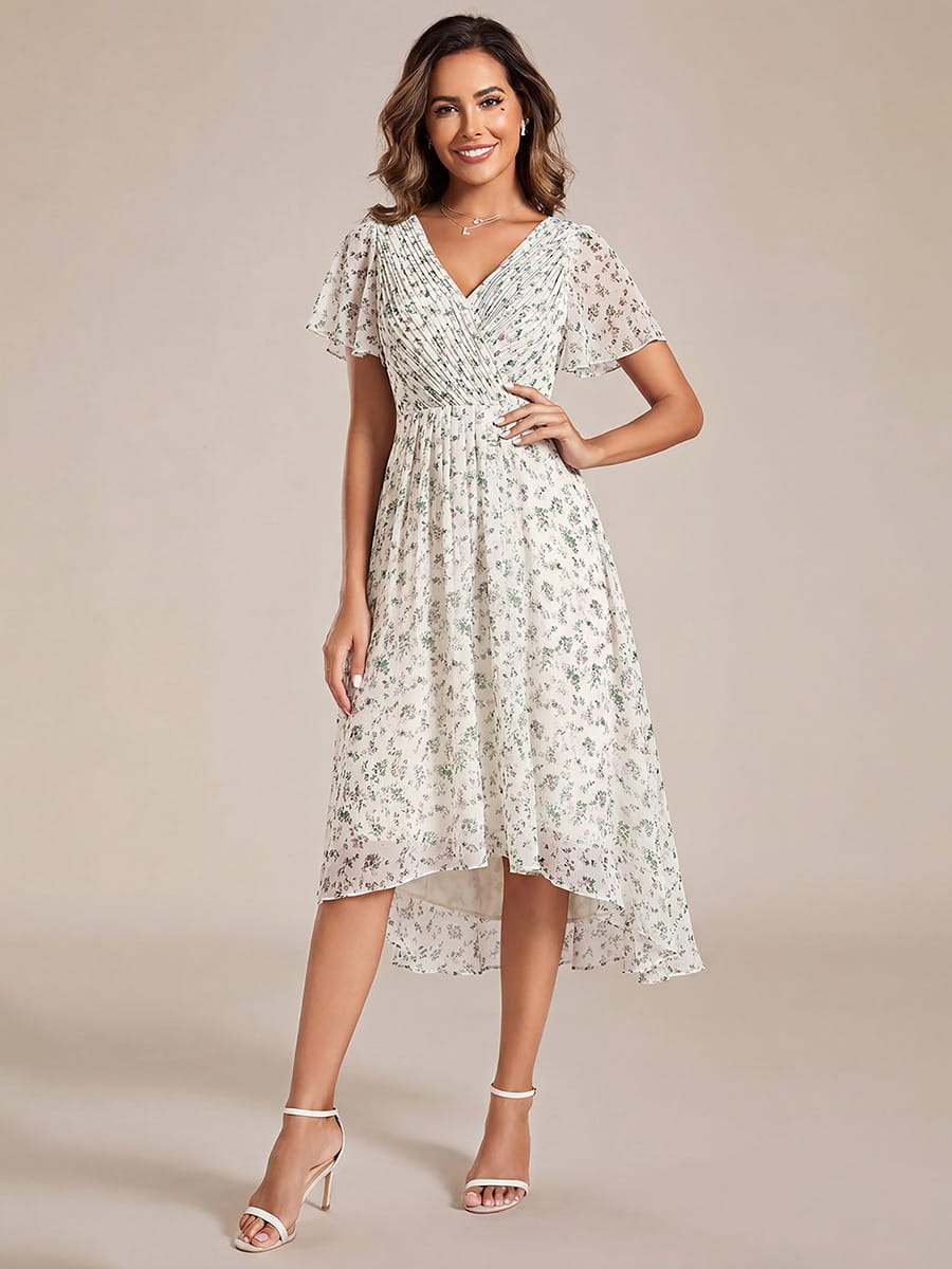Chiffon hoch und tiefes Kleid für Hochzeitsgäste mit V-Ausschnitt und kurzen Ärmeln 168