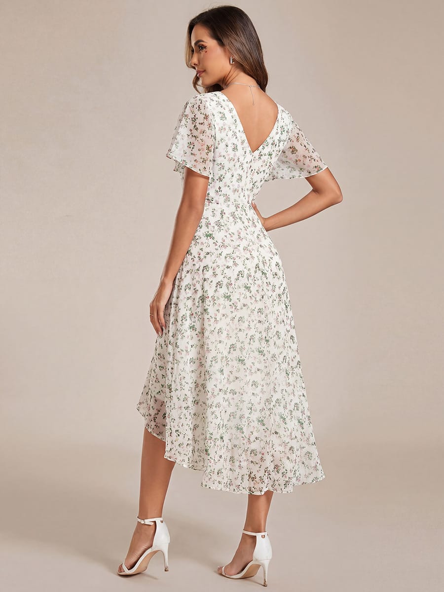 Chiffon hoch und tiefes Kleid für Hochzeitsgäste mit V-Ausschnitt und kurzen Ärmeln 169