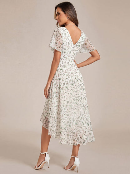 Chiffon hoch und tiefes Kleid für Hochzeitsgäste mit V-Ausschnitt und kurzen Ärmeln 169