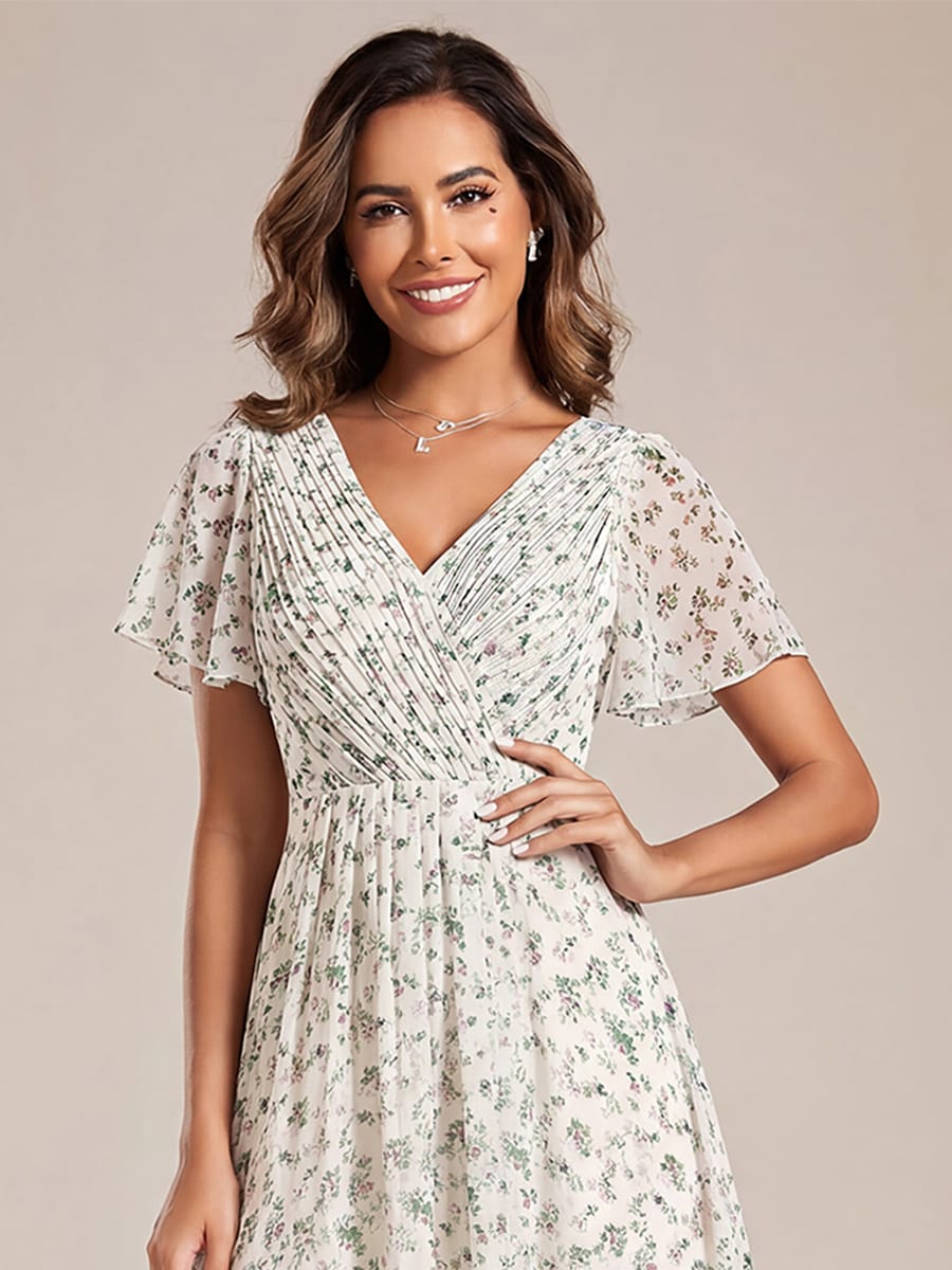 Chiffon hoch und tiefes Kleid für Hochzeitsgäste mit V-Ausschnitt und kurzen Ärmeln 170