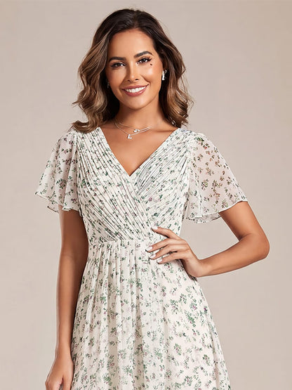 Chiffon hoch und tiefes Kleid für Hochzeitsgäste mit V-Ausschnitt und kurzen Ärmeln 170