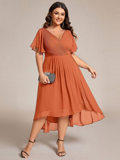 Chiffon hoch und tiefes Kleid für Hochzeitsgäste mit V-Ausschnitt und kurzen Ärmeln 165