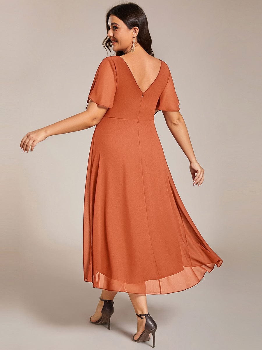 Chiffon hoch und tiefes Kleid für Hochzeitsgäste mit V-Ausschnitt und kurzen Ärmeln 166