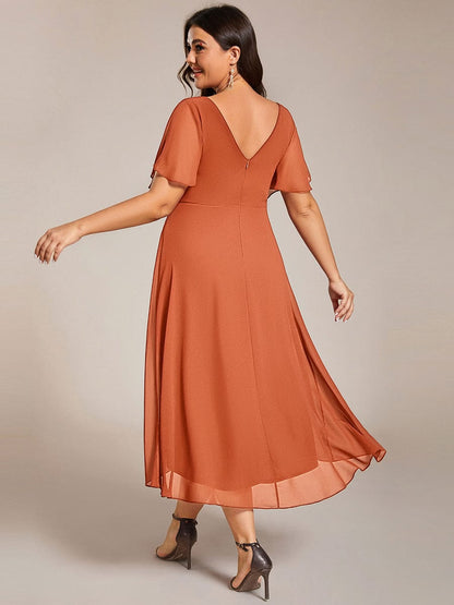 Chiffon hoch und tiefes Kleid für Hochzeitsgäste mit V-Ausschnitt und kurzen Ärmeln 166