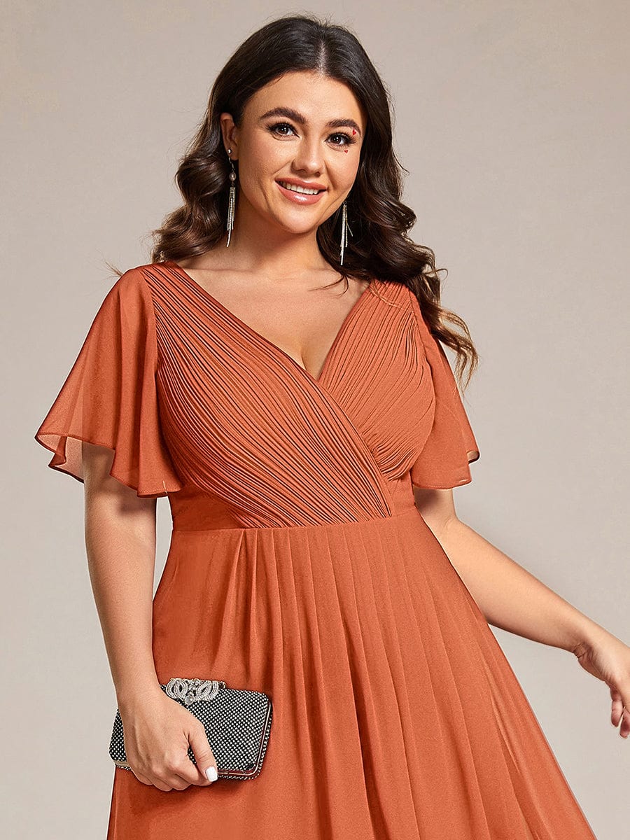 Chiffon hoch und tiefes Kleid für Hochzeitsgäste mit V-Ausschnitt und kurzen Ärmeln 167