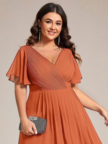 Chiffon hoch und tiefes Kleid für Hochzeitsgäste mit V-Ausschnitt und kurzen Ärmeln 167