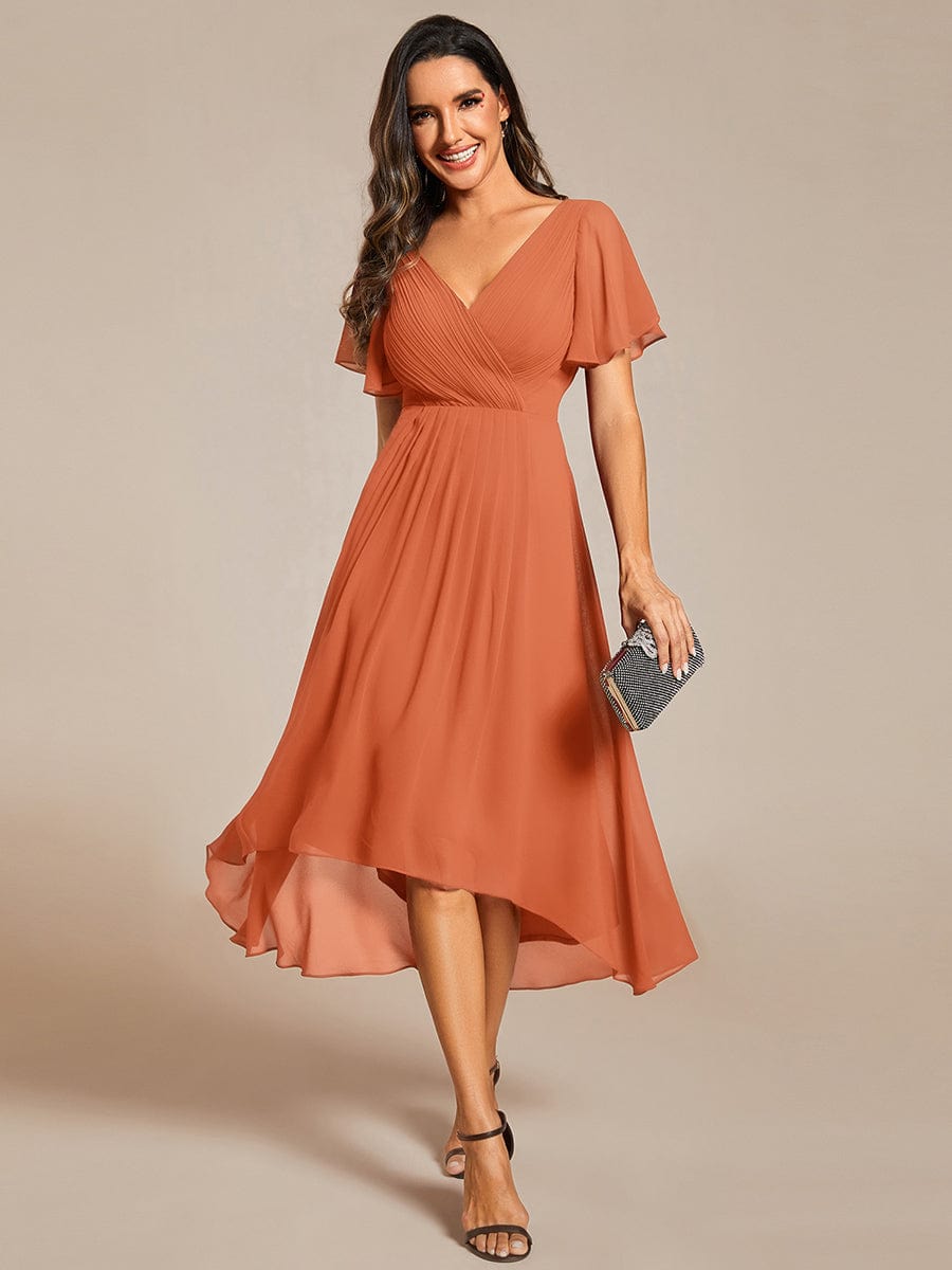Chiffon hoch und tiefes Kleid für Hochzeitsgäste mit V-Ausschnitt und kurzen Ärmeln 162