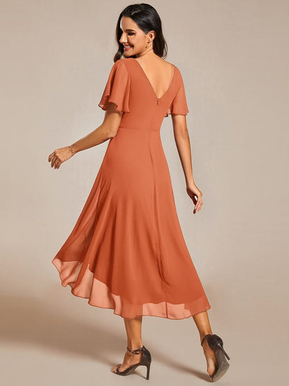 Chiffon hoch und tiefes Kleid für Hochzeitsgäste mit V-Ausschnitt und kurzen Ärmeln 163