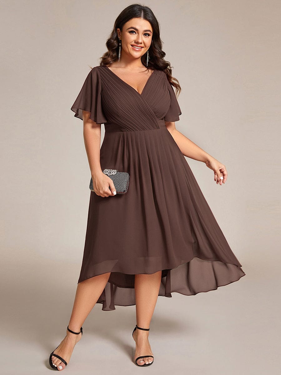 Chiffon hoch und tiefes Kleid für Hochzeitsgäste mit V-Ausschnitt und kurzen Ärmeln 159