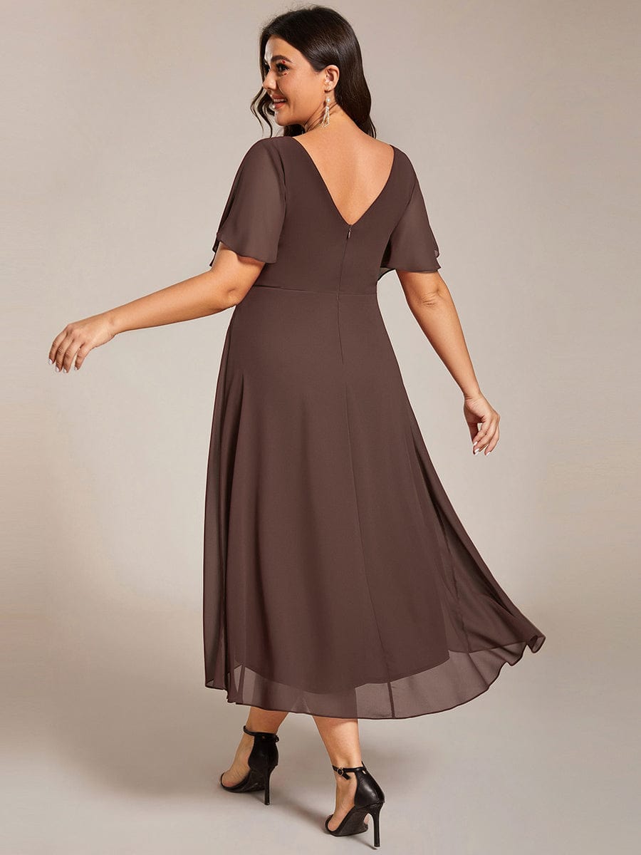 Chiffon hoch und tiefes Kleid für Hochzeitsgäste mit V-Ausschnitt und kurzen Ärmeln 160